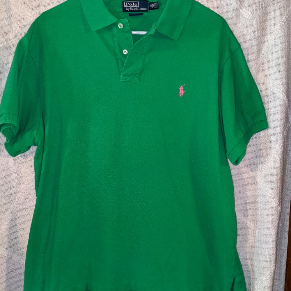 Men's bright green custom fit polo Pink logo XLG